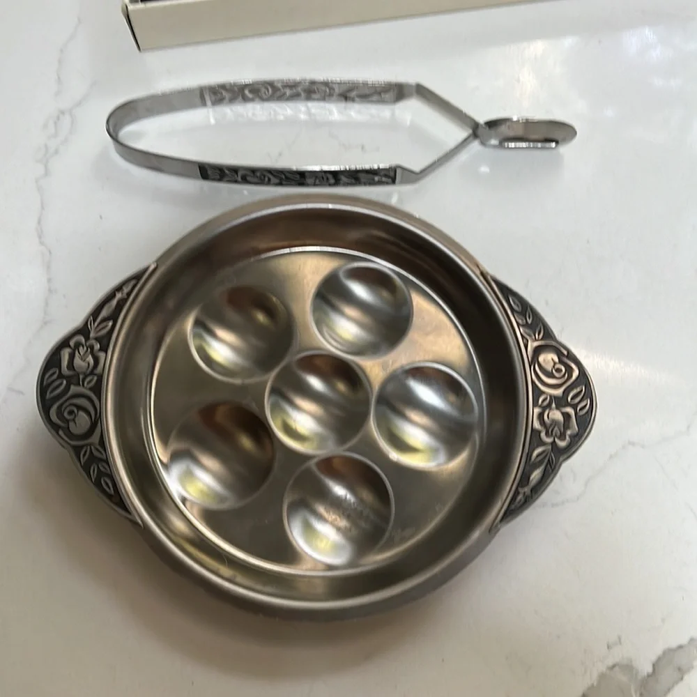 Vintage Escargot Serving Set Stainless Steel Plate & Tongs - Vintage in Box